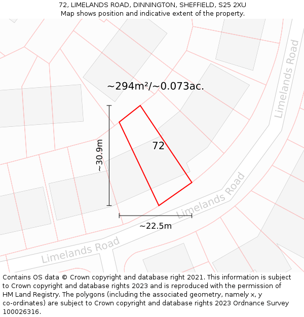 72, LIMELANDS ROAD, DINNINGTON, SHEFFIELD, S25 2XU: Plot and title map