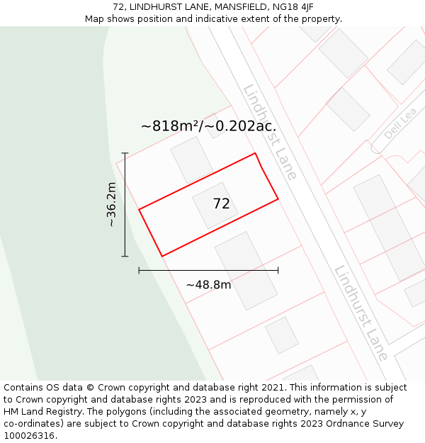 72, LINDHURST LANE, MANSFIELD, NG18 4JF: Plot and title map