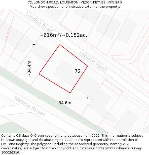 72, LONDON ROAD, LOUGHTON, MILTON KEYNES, MK5 8AQ: Plot and title map