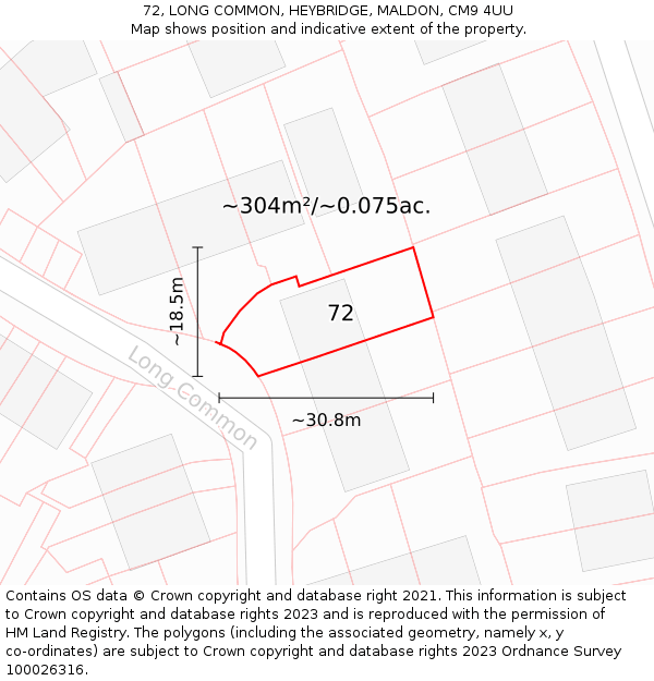 72, LONG COMMON, HEYBRIDGE, MALDON, CM9 4UU: Plot and title map