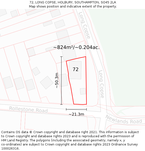 72, LONG COPSE, HOLBURY, SOUTHAMPTON, SO45 2LA: Plot and title map
