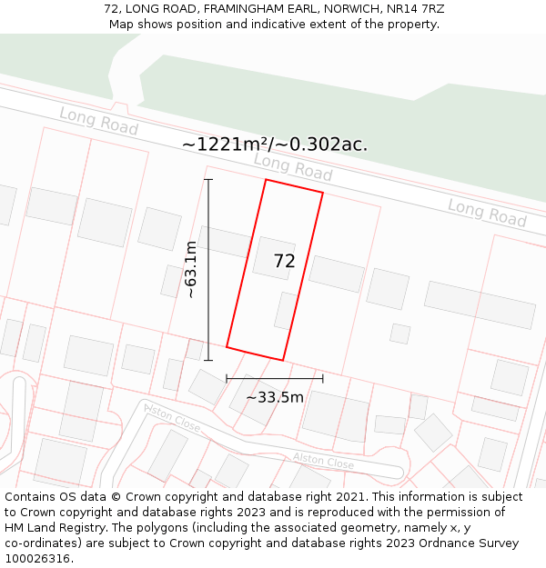 72, LONG ROAD, FRAMINGHAM EARL, NORWICH, NR14 7RZ: Plot and title map