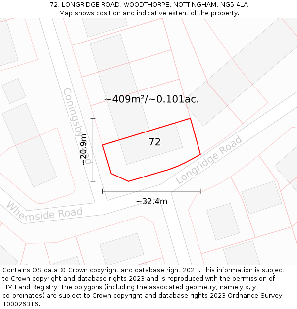 72, LONGRIDGE ROAD, WOODTHORPE, NOTTINGHAM, NG5 4LA: Plot and title map