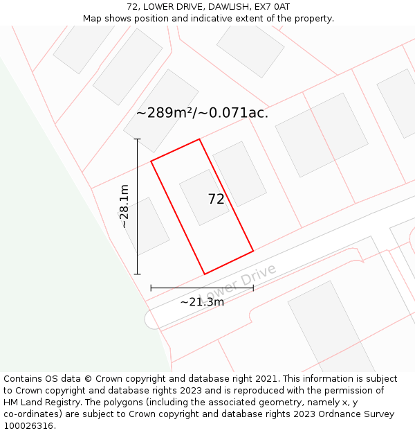 72, LOWER DRIVE, DAWLISH, EX7 0AT: Plot and title map