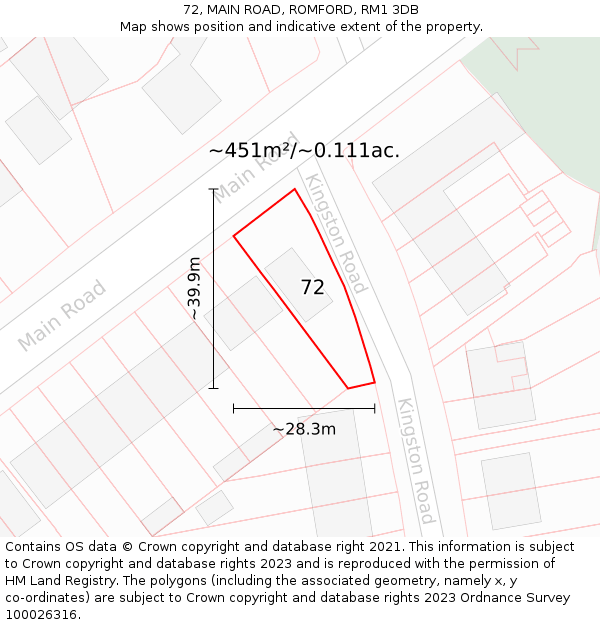 72, MAIN ROAD, ROMFORD, RM1 3DB: Plot and title map