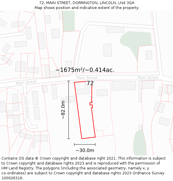 72, MAIN STREET, DORRINGTON, LINCOLN, LN4 3QA: Plot and title map