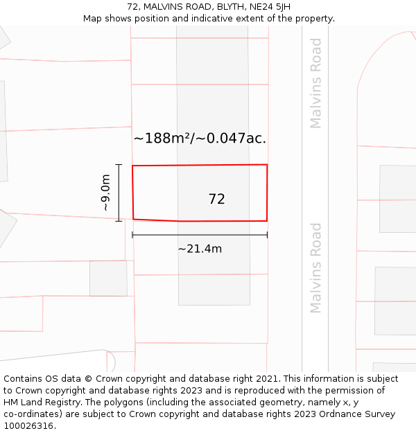 72, MALVINS ROAD, BLYTH, NE24 5JH: Plot and title map