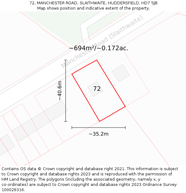 72, MANCHESTER ROAD, SLAITHWAITE, HUDDERSFIELD, HD7 5JB: Plot and title map
