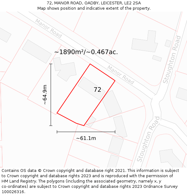 72, MANOR ROAD, OADBY, LEICESTER, LE2 2SA: Plot and title map