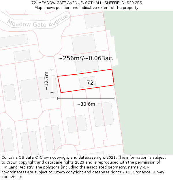 72, MEADOW GATE AVENUE, SOTHALL, SHEFFIELD, S20 2PS: Plot and title map