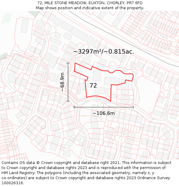 72, MILE STONE MEADOW, EUXTON, CHORLEY, PR7 6FD: Plot and title map