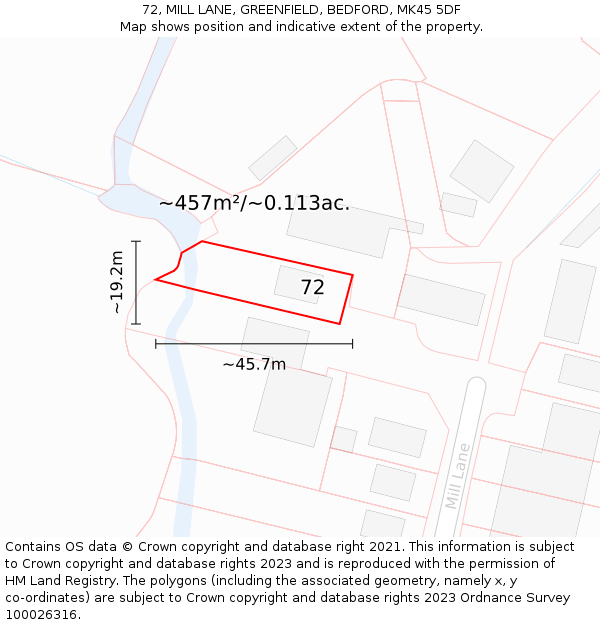 72, MILL LANE, GREENFIELD, BEDFORD, MK45 5DF: Plot and title map