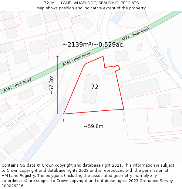 72, MILL LANE, WHAPLODE, SPALDING, PE12 6TS: Plot and title map