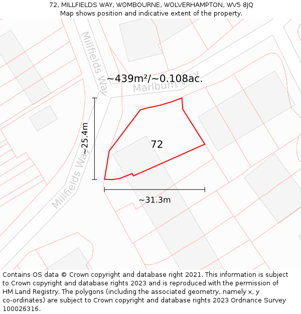 72, MILLFIELDS WAY, WOMBOURNE, WOLVERHAMPTON, WV5 8JQ: Plot and title map