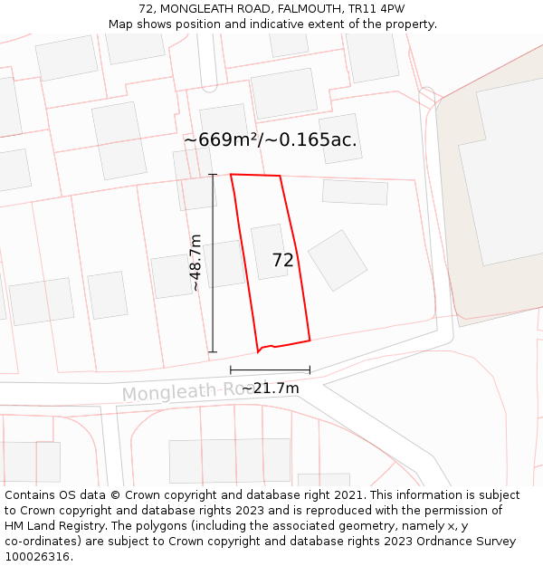 72, MONGLEATH ROAD, FALMOUTH, TR11 4PW: Plot and title map