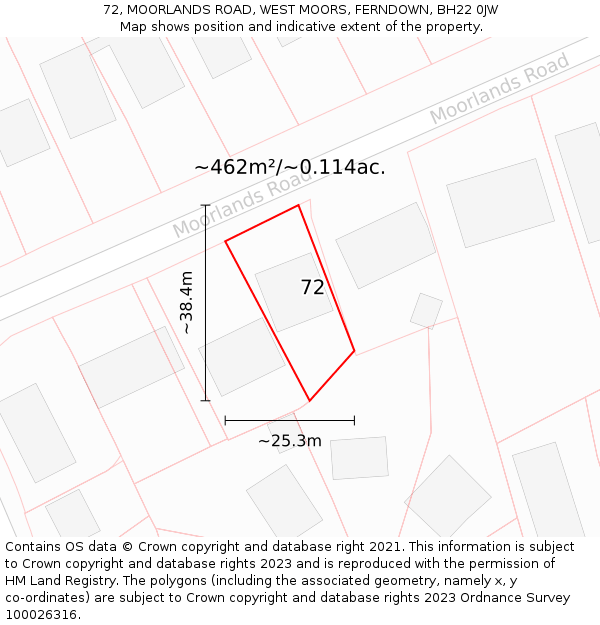 72, MOORLANDS ROAD, WEST MOORS, FERNDOWN, BH22 0JW: Plot and title map