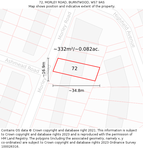 72, MORLEY ROAD, BURNTWOOD, WS7 9AS: Plot and title map