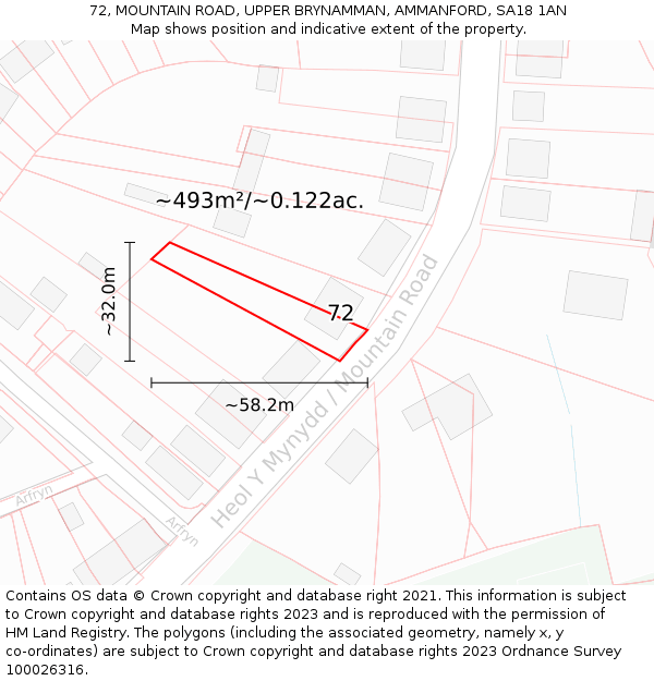 72, MOUNTAIN ROAD, UPPER BRYNAMMAN, AMMANFORD, SA18 1AN: Plot and title map