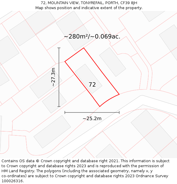 72, MOUNTAIN VIEW, TONYREFAIL, PORTH, CF39 8JH: Plot and title map
