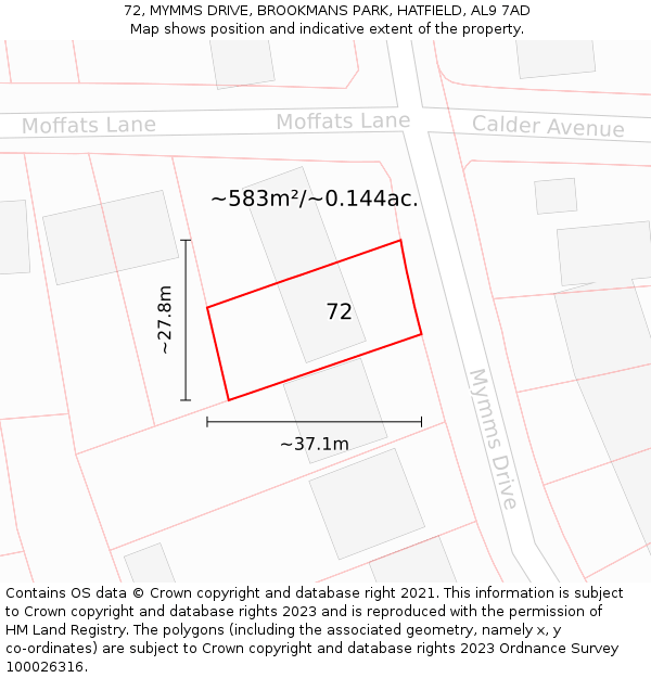 72, MYMMS DRIVE, BROOKMANS PARK, HATFIELD, AL9 7AD: Plot and title map