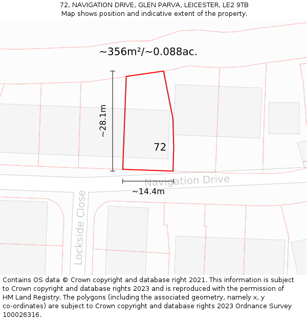 72, NAVIGATION DRIVE, GLEN PARVA, LEICESTER, LE2 9TB: Plot and title map