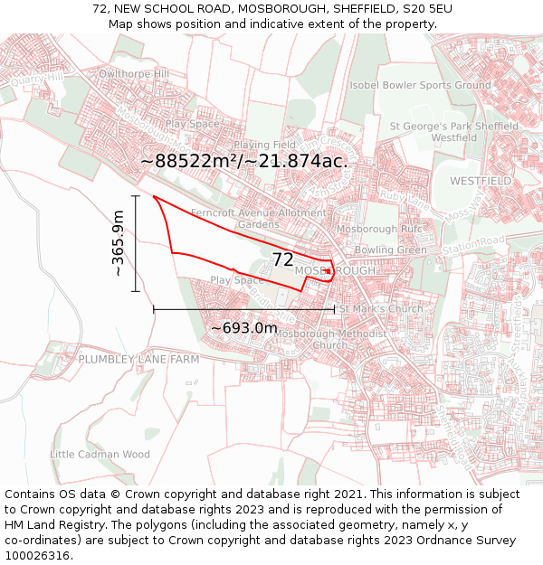 72, NEW SCHOOL ROAD, MOSBOROUGH, SHEFFIELD, S20 5EU: Plot and title map