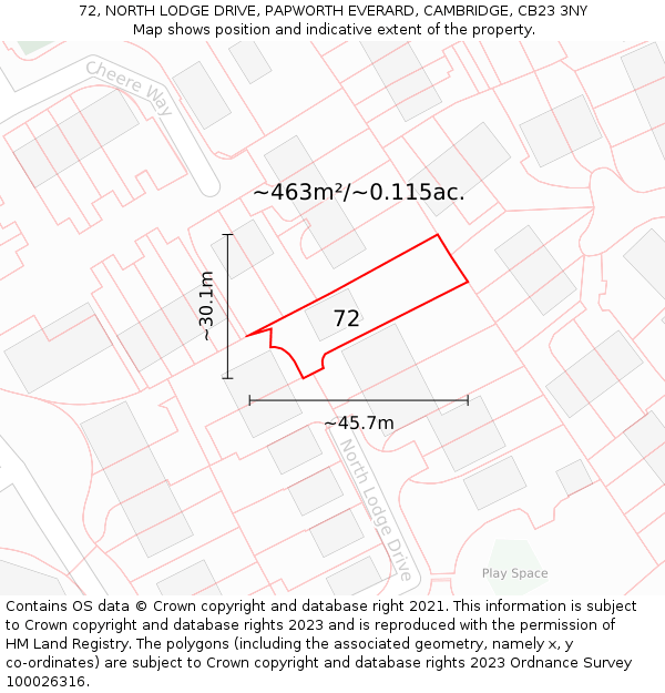 72, NORTH LODGE DRIVE, PAPWORTH EVERARD, CAMBRIDGE, CB23 3NY: Plot and title map
