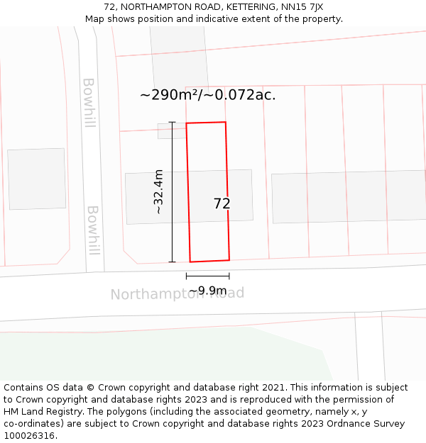 72, NORTHAMPTON ROAD, KETTERING, NN15 7JX: Plot and title map