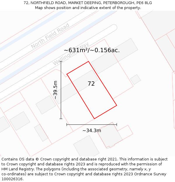72, NORTHFIELD ROAD, MARKET DEEPING, PETERBOROUGH, PE6 8LG: Plot and title map