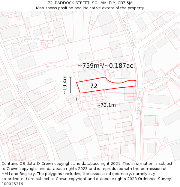 72, PADDOCK STREET, SOHAM, ELY, CB7 5JA: Plot and title map