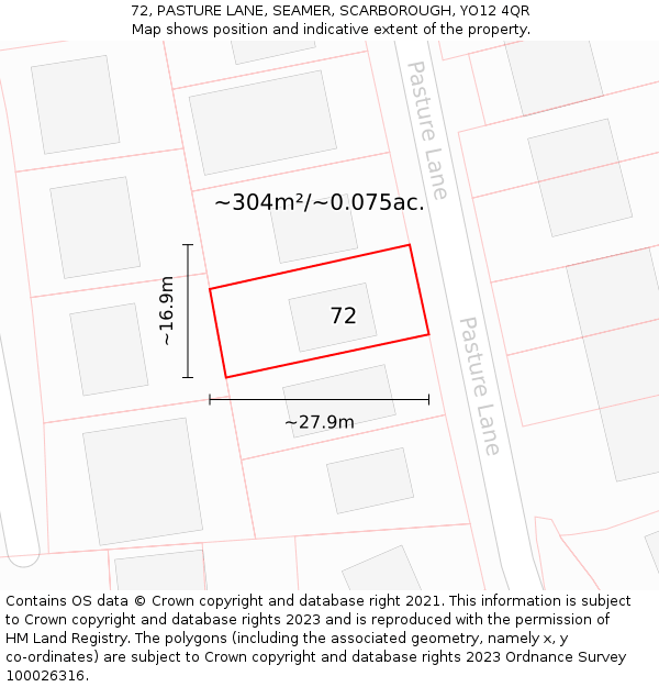 72, PASTURE LANE, SEAMER, SCARBOROUGH, YO12 4QR: Plot and title map