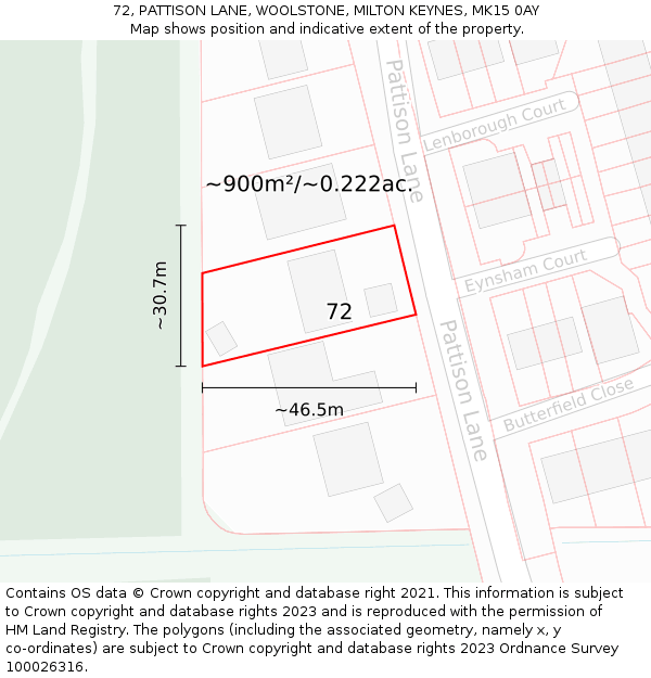 72, PATTISON LANE, WOOLSTONE, MILTON KEYNES, MK15 0AY: Plot and title map