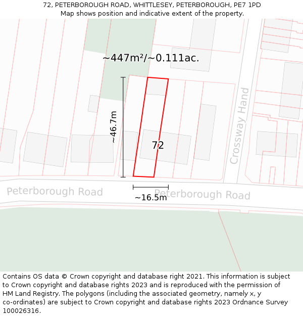 72, PETERBOROUGH ROAD, WHITTLESEY, PETERBOROUGH, PE7 1PD: Plot and title map