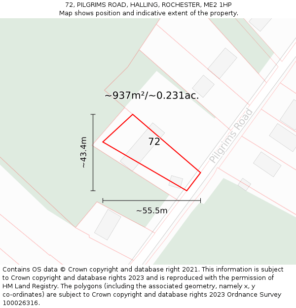 72, PILGRIMS ROAD, HALLING, ROCHESTER, ME2 1HP: Plot and title map