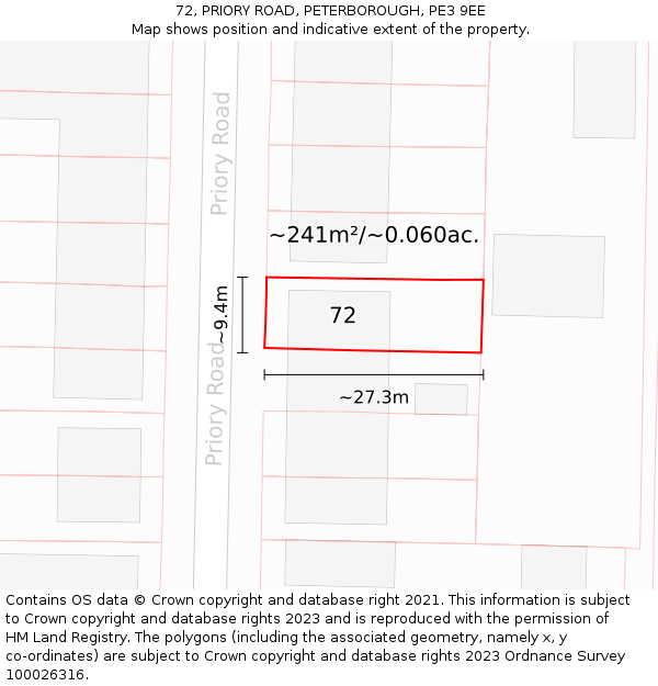 72, PRIORY ROAD, PETERBOROUGH, PE3 9EE: Plot and title map