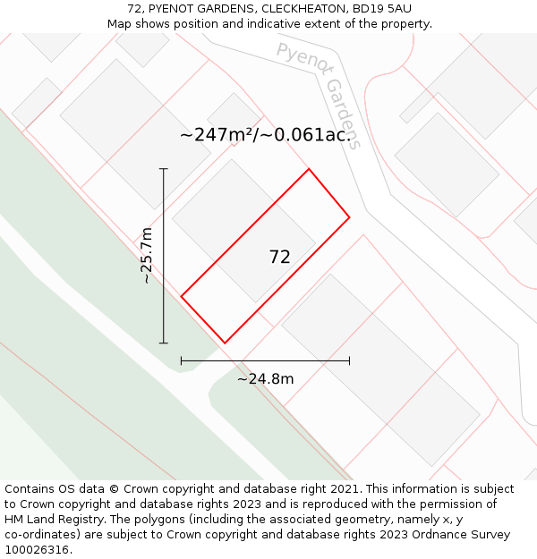 72, PYENOT GARDENS, CLECKHEATON, BD19 5AU: Plot and title map