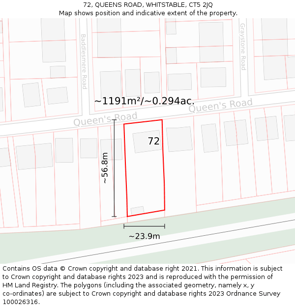 72, QUEENS ROAD, WHITSTABLE, CT5 2JQ: Plot and title map