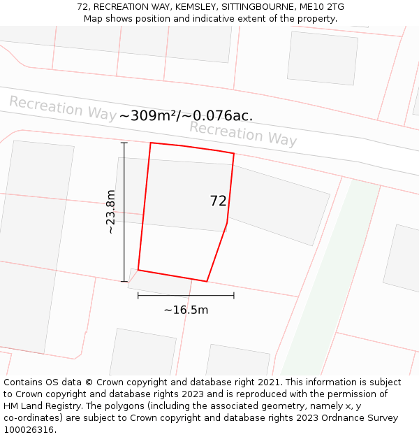 72, RECREATION WAY, KEMSLEY, SITTINGBOURNE, ME10 2TG: Plot and title map