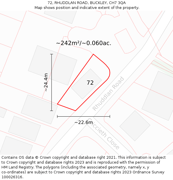 72, RHUDDLAN ROAD, BUCKLEY, CH7 3QA: Plot and title map