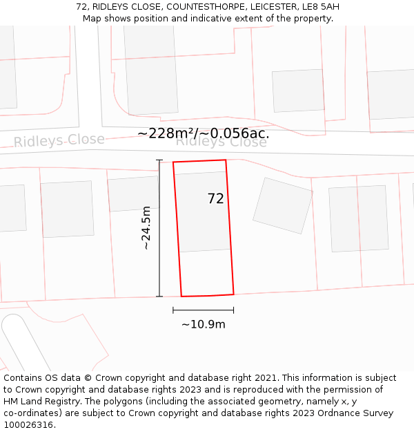 72, RIDLEYS CLOSE, COUNTESTHORPE, LEICESTER, LE8 5AH: Plot and title map
