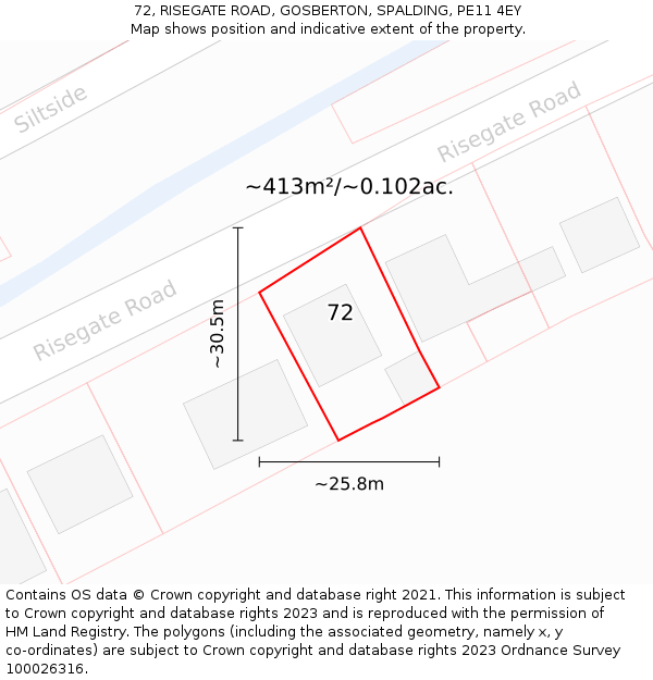 72, RISEGATE ROAD, GOSBERTON, SPALDING, PE11 4EY: Plot and title map