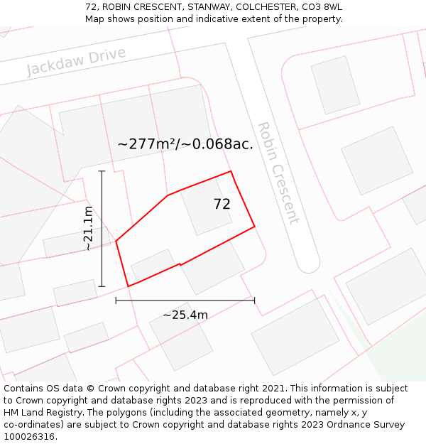 72, ROBIN CRESCENT, STANWAY, COLCHESTER, CO3 8WL: Plot and title map