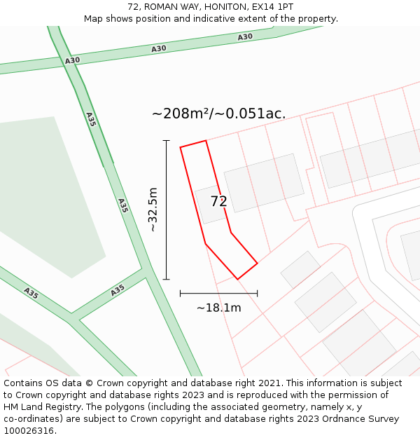 72, ROMAN WAY, HONITON, EX14 1PT: Plot and title map