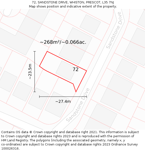 72, SANDSTONE DRIVE, WHISTON, PRESCOT, L35 7NJ: Plot and title map