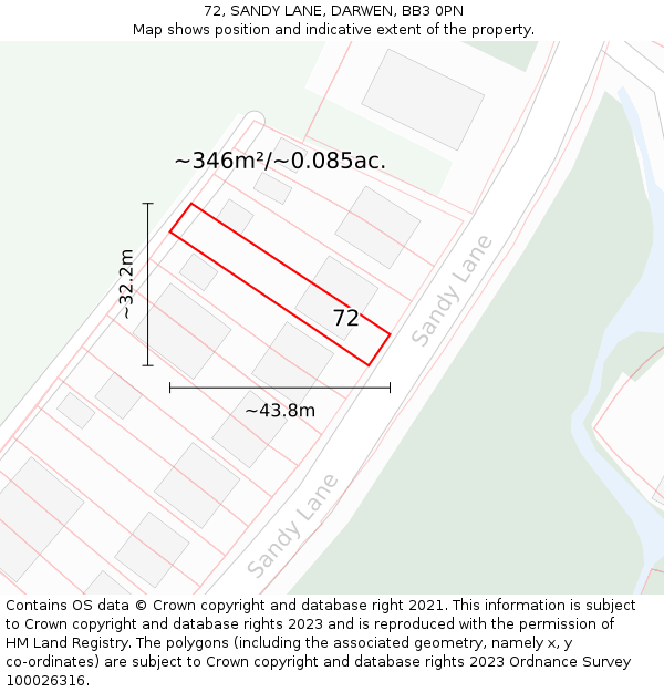 72, SANDY LANE, DARWEN, BB3 0PN: Plot and title map