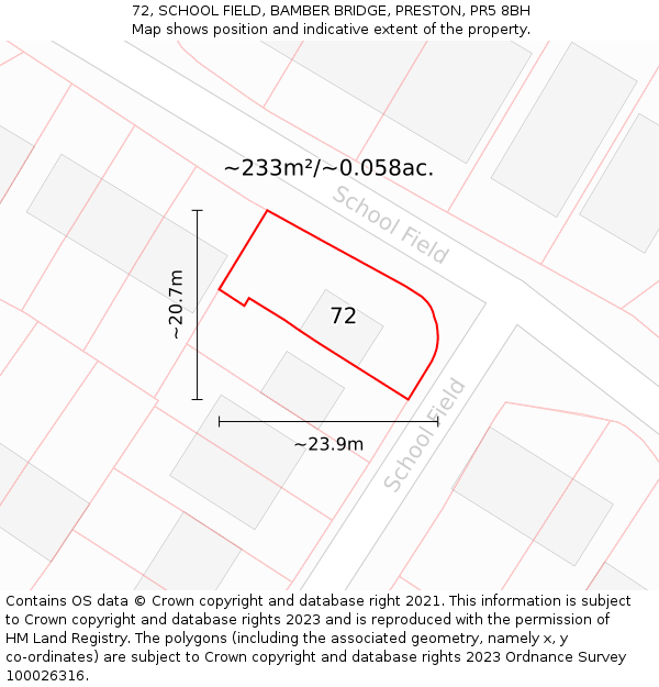 72, SCHOOL FIELD, BAMBER BRIDGE, PRESTON, PR5 8BH: Plot and title map