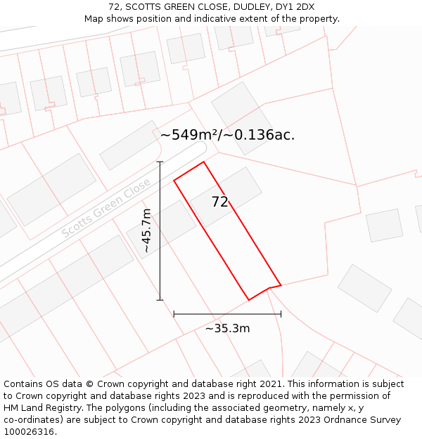 72, SCOTTS GREEN CLOSE, DUDLEY, DY1 2DX: Plot and title map