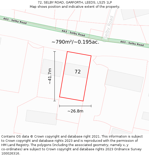 72, SELBY ROAD, GARFORTH, LEEDS, LS25 1LP: Plot and title map