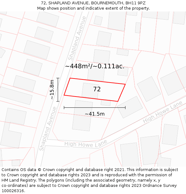 72, SHAPLAND AVENUE, BOURNEMOUTH, BH11 9PZ: Plot and title map