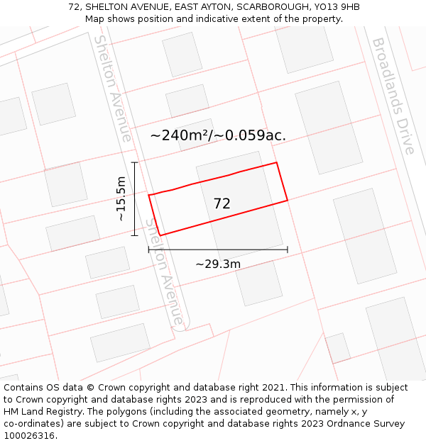 72, SHELTON AVENUE, EAST AYTON, SCARBOROUGH, YO13 9HB: Plot and title map